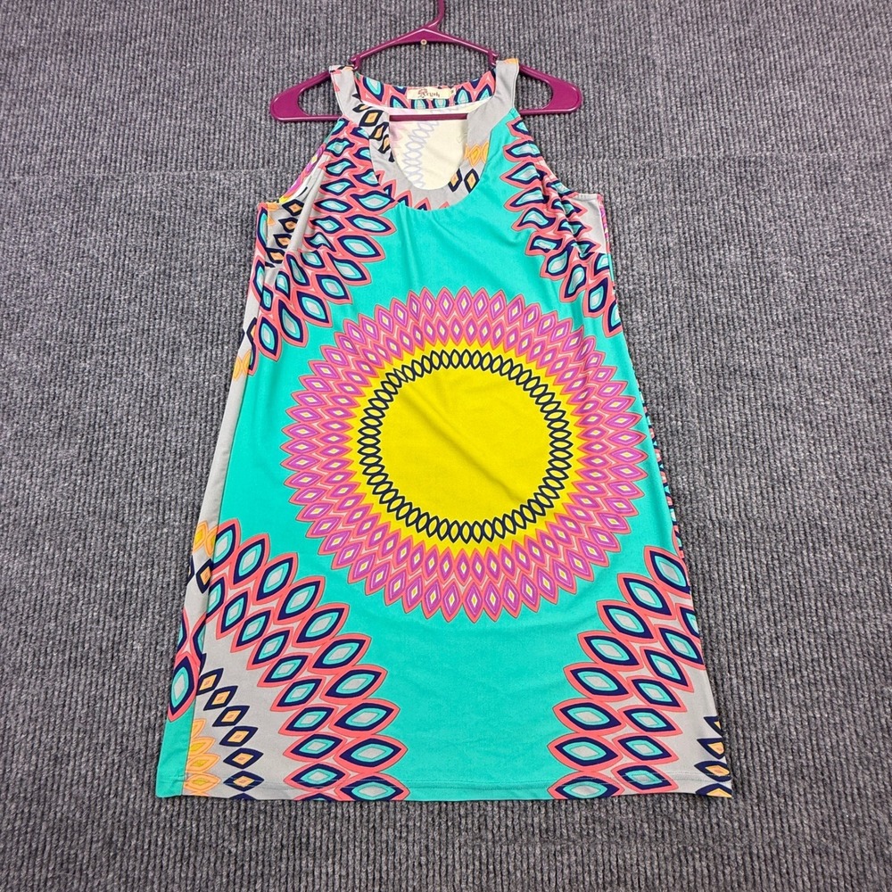 Aryeh Womens Size M Halter Neck Mini Dress Teal Yellow Geometric Sunburst Print